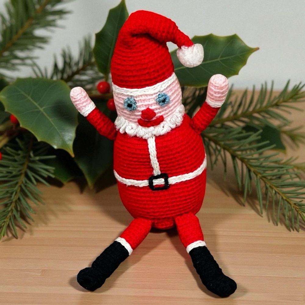 Vintage Crochet Santa Claus 10" Seated Handmade Christmas Decor